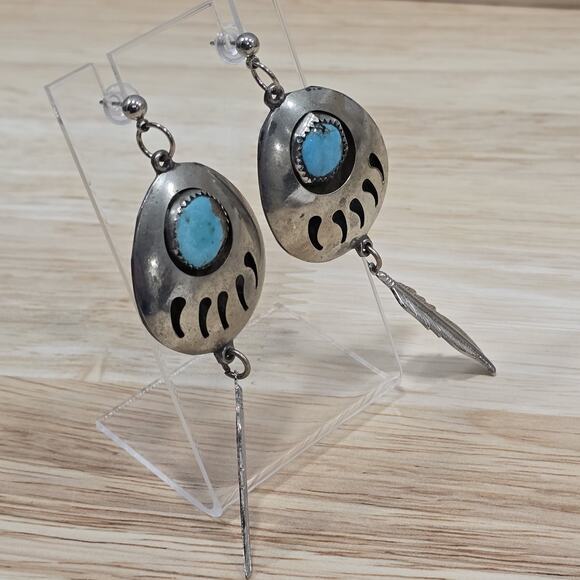 Silver Turquoise Bear Paw Feather Dangle Earrings Native American Tribal - Picture 5 of 13